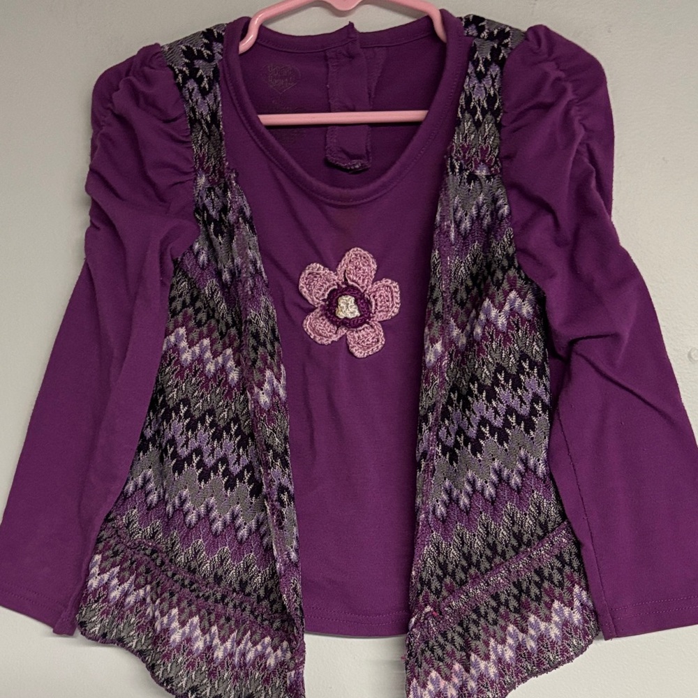 Girls Purple Layered Knit Top with Floral Accent